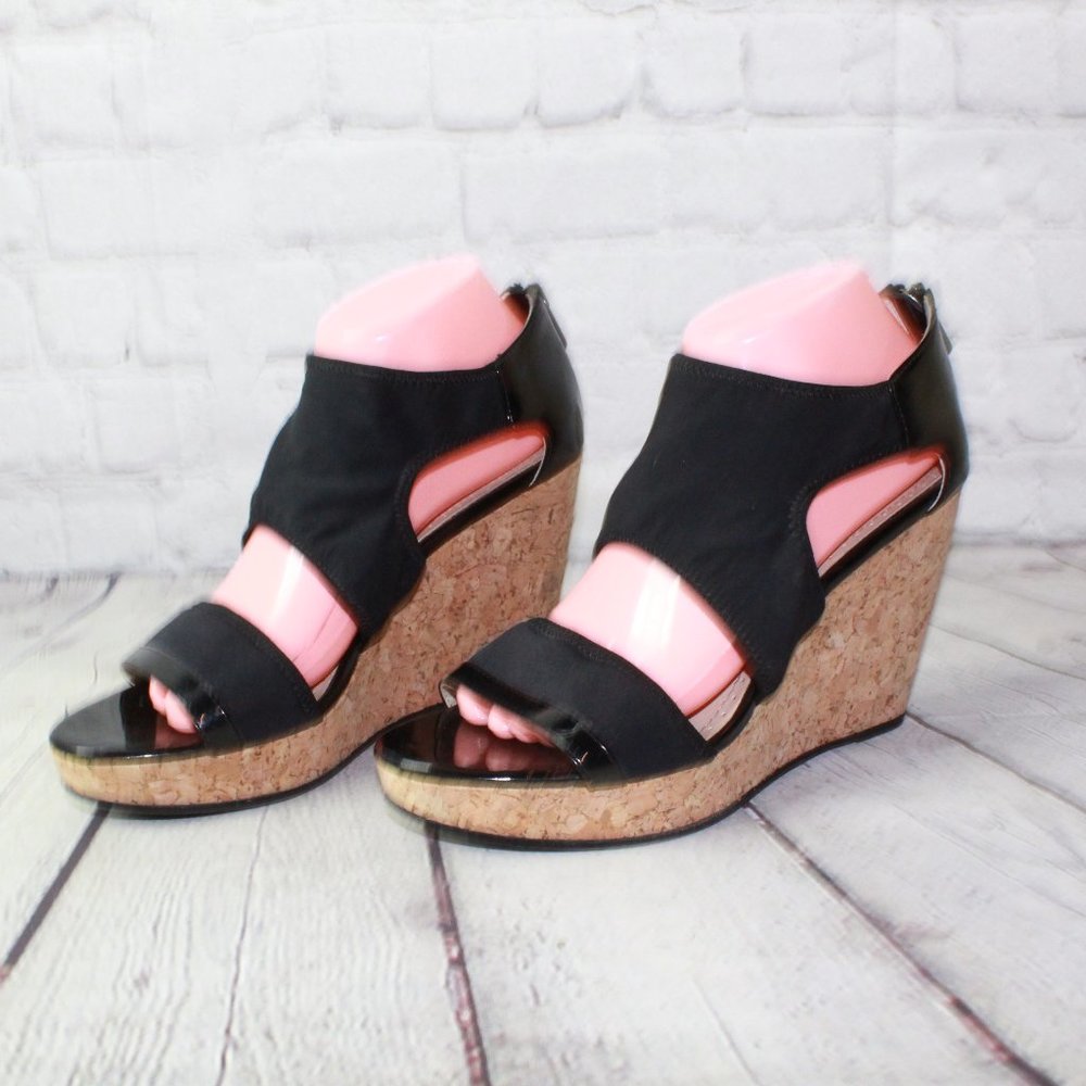 Adrienne Vittadini Chelle Black Back Zip Cork Wedge Heel Platform Sandals US 9 M - Picture 2 of 9